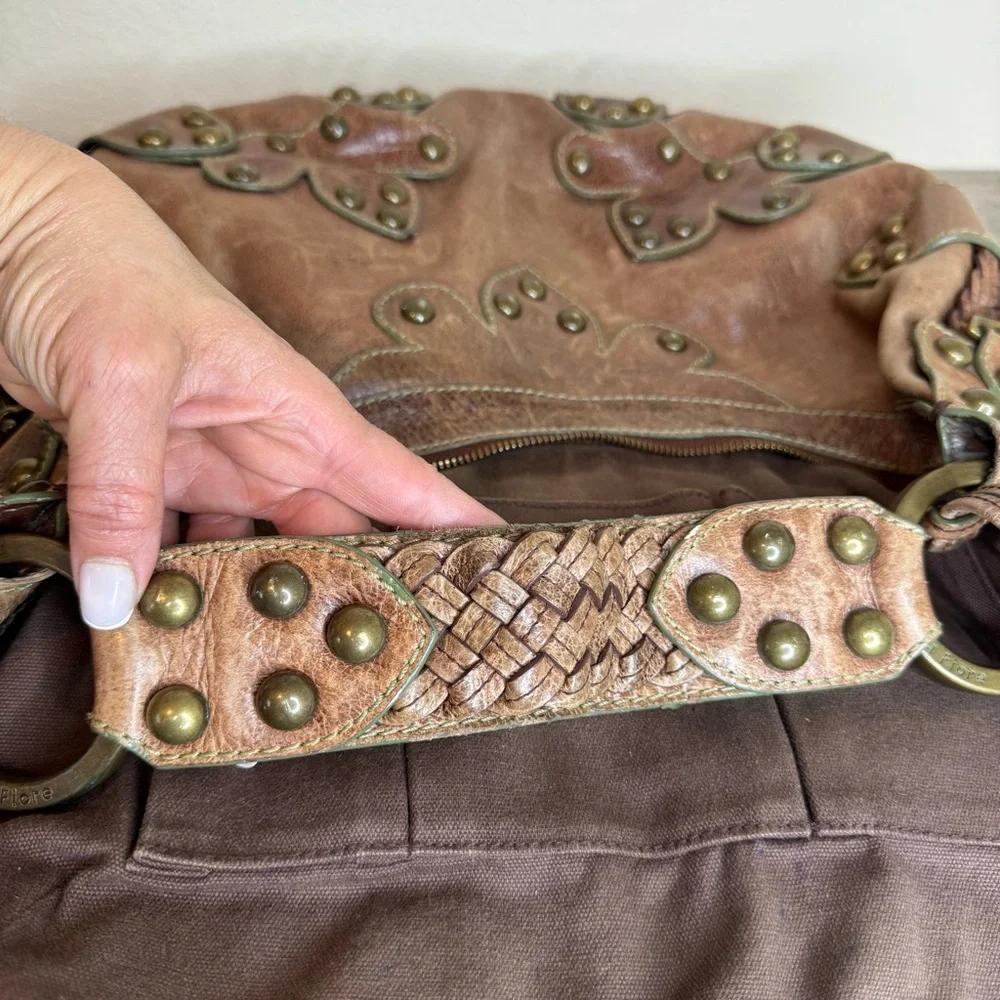 Isabella Fiore Oasis Hobo Brown Distressed Leather Brass Studded Shoulder Bag - Picture 9 of 16